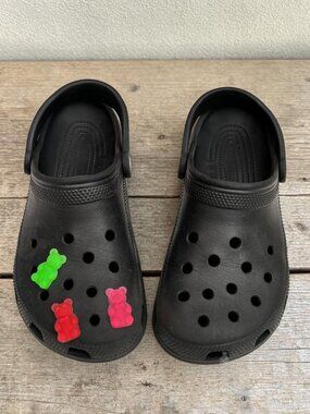Black Crocs Clogs With Gummy Bear Jibbitz Size Womens 7/Mens 5 Lightweight & Com